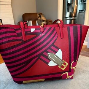 Lauren Ralph Lauren Red Printed Leather Tote Scarf Equestrian Print